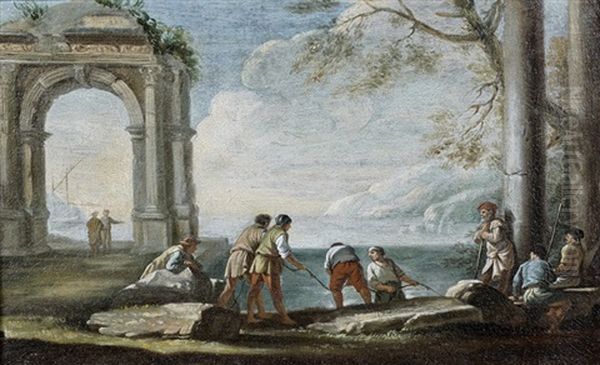 Pecheurs Relevant Leurs Lignes Devant Des Ruines Antiques - view 1