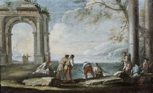 Pecheurs Relevant Leurs Lignes Devant Des Ruines Antiques by Andrea Locatelli
