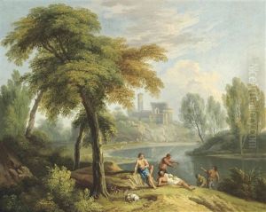 An Italianate River Landscape With Classical Figures At Rest On A Bank