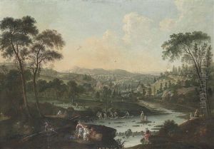 An Extensive Mountainous River Landscape With Classical Figures At Rest In The Foreground, Fishermen Laying Out Their Nets, A Herdsman And His Flock Beyond