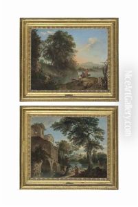 An Italianate Landscape With Figures Resting By A Stream Near A Ruined Castle; An Italianate Landscape With Herdsmen And Their Cattle And Goats By A Stream (pair) by Andrea Locatelli