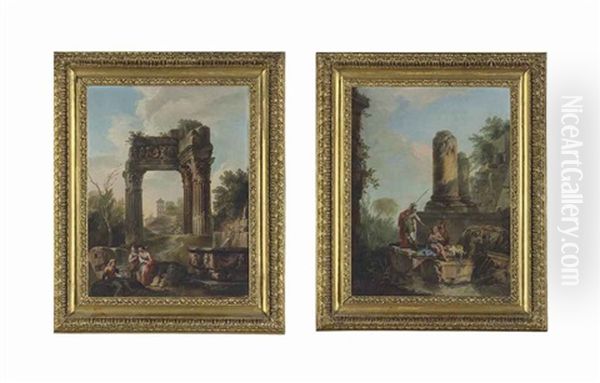 A Capriccio With Classical Ruins And Figures Resting By A Fountain In The Foreground; A Capriccio With Classical Ruins And A Centurion Conversing With Two Figures, With A Dog (2 Works) - view 1