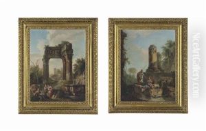 A Capriccio With Classical Ruins And Figures Resting By A Fountain In The Foreground; A Capriccio With Classical Ruins And A Centurion Conversing With Two Figures, With A Dog (2 Works)