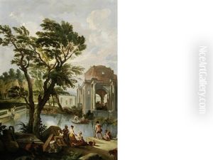 Figures Resting Amongst Ruins Before An Ornamental Lake Figures Resting Amongst Ruins Before An Ornamental Lake
