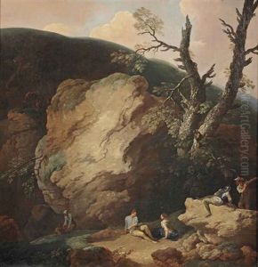 A Rocky Landscape With Soldiers And Other Figures Resting And Conversing by Andrea Locatelli