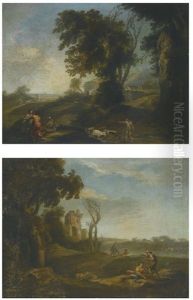 Landscape With A Figures In Discussion And A Herd Of Goats By The River; Landscape With Two Figures Conversing And A Ruin In The Distance (pair) by Andrea Locatelli