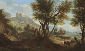 An Italianate Landscape With Figures Conversing And Travellers On Horseback, A Hilltop Settlement Beyond by Andrea Locatelli