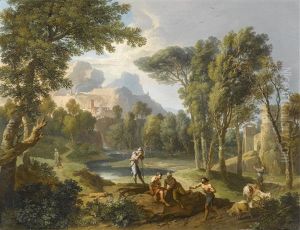 Landschaft In Latium Mit Funf Figuren Im Vordergrund by Andrea Locatelli