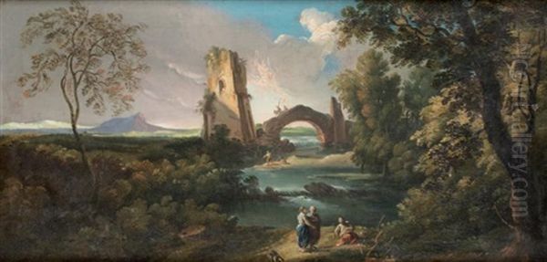 Paysage Au Pont Et A La Tour Avec Des Villageoises Pres D'une Riviere - view 1