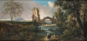 Paysage Au Pont Et A La Tour Avec Des Villageoises Pres D'une Riviere Paysage Au Pont Et A La Tour Avec Des Villageoises Pres D'une Riviere