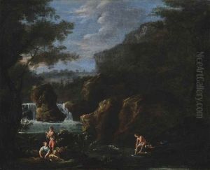 A Rocky River Landscape With Figures Resting On The Bank And Another Bathing, With A Waterfall Beyond by Andrea Locatelli