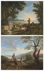A Pastoral Landscape, With A Woman At A Well, Goatherds And The Sea Beyond (+ A Coastal Landscape With Bandits Accosting A Traveller; Pair) A Pastoral Landscape, With A Woman At A Well, Goatherds And The Sea Beyond (+ A Coastal Landscape With Bandits Accosting A Traveller; Pair)