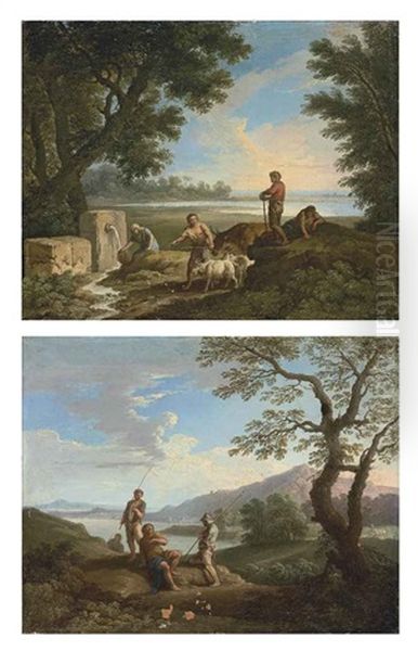 A Pastoral Landscape, With A Woman At A Well, Goatherds And The Sea Beyond (+ A Coastal Landscape With Bandits Accosting A Traveler; Pair) - view 1