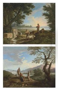 A Pastoral Landscape, With A Woman At A Well, Goatherds And The Sea Beyond (+ A Coastal Landscape With Bandits Accosting A Traveler; Pair) by Andrea Locatelli