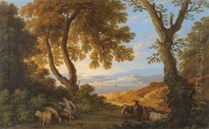 Wooded Landscape With Shepherd, Sheep And Goats by Andrea Locatelli