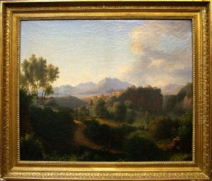 Landscape With Figures, A Village And A Mountainous Coastal Landscape Beyond by Andrea Locatelli