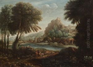 Paysage Mediterraneen Anime De Voyageurs Pres D'une Riviere Et Ville A L'arriere-plan