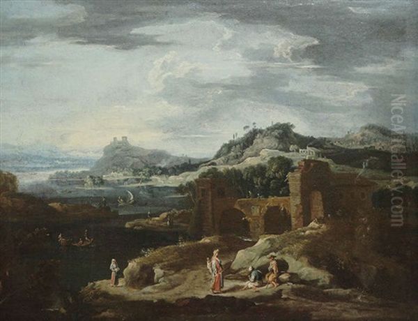 Paysage Montagneux Mediterraneen Anime De Figures Pres De Ruines D'un Pont Et Pecheurs - view 1