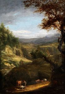 Hugelige Landschaft Mit Von Jungen Baumen Und Strauchern Bewachsenen Felsen Und Lagernden Hirten Mit Rindern Hugelige Landschaft Mit Von Jungen Baumen Und Strauchern Bewachsenen Felsen Und Lagernden Hirten Mit Rindern