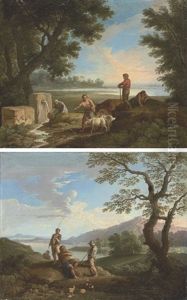 A Pastoral Landscape, With A Woman At A Well, Goatherds And The Sea Beyond (+ A Coastal Landscape With Bandits Accosting A Traveler; Pair) by Andrea Locatelli