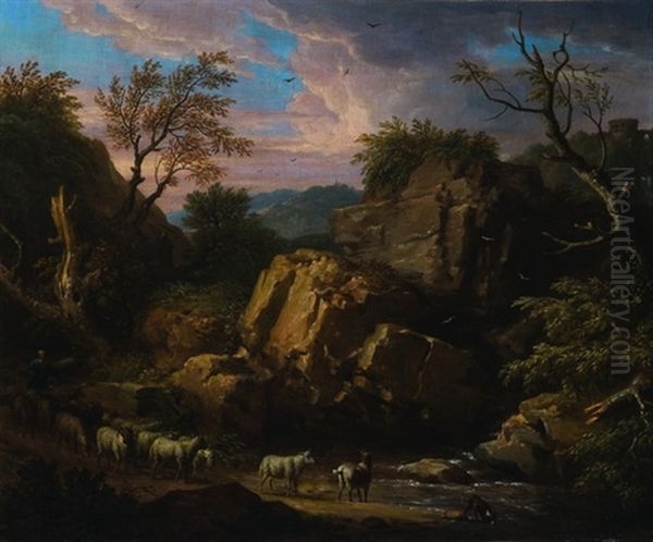 Paesaggio Roccioso Con Pastore E Armenti Presso Un Corso D'acqua - view 1
