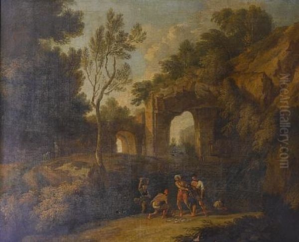 An Italianate River Landscape With Fishermen Hauling In Their Nets Before A Waterfall - view 1