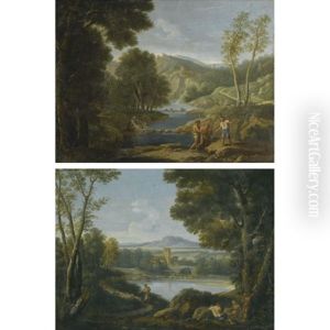 A Pastoral Landscape With Women Washing Clothes And Three Fishemen In The Foreground (+ A Pastoral Landscape With A Herd Of Goats Crossing A Bridge And A Group Of Reclining Figures In The Foreground; Smllr; Pair)