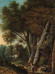Baumbestandene Gebirgslandschaft Mit Hirtenstaffage (+ Another, Similar; Pair) by Andrea Locatelli