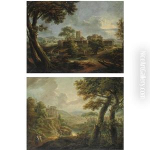Veduta Del Tempio Di Tivolipaesaggio Con Borgo E Figure (pair)
