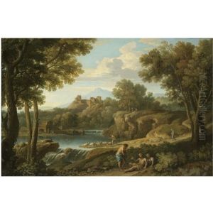 A Classical Landscape With Figures And A Herdsman Near A Waterfall, A Hilltop Fort Beyond by Andrea Locatelli