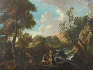 An Italianate Landscape With Classical Warriors Resting Beside A Waterfall, Travellers On A Path Beyond