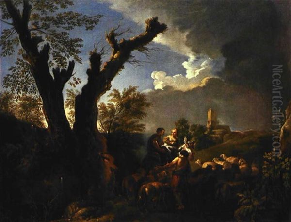 Paesaggio Nella Campagna Romana Con Tre Pastori E Armenti - view 1