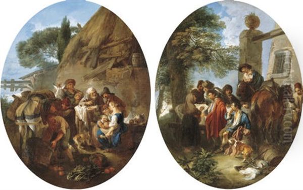 Peasants Eating And Drinking By A Cottage (+ A Hunting Party Resting In A Wooded Landscape; Pair) - view 1