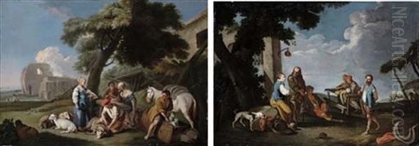 An Italianate Landscape With Shepherds And Their Flock With Other Workers At Rest Under A Tree, Ruins Beyond (+ Another; Pair) - view 1