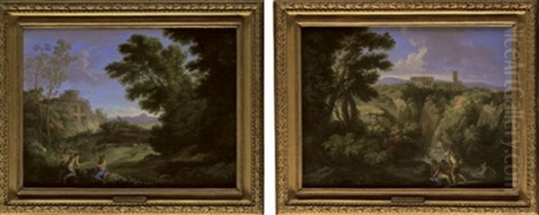 A Classical Wooded Landscape Near Tivoli, With The Temple Of The Sibyl, And Young Men And Sheep By A Waterfall (+ A Classical Rocky Wooded Landscape Near Tivoli, With The Villa Of Mycenas And Men Bath - view 1