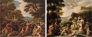 A Wooded River Landscape With Flora, Nymphs And Putti (+ A Wooded Landscape With A Bacchanal; Pair) by Andrea Locatelli