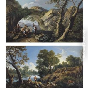 A Rocky Landscape With A Horseman And Brigands By A Path (+ A River Landscape With A Shepherd And Other Figures Resting On A Rocky Bank; Pair) by Andrea Locatelli