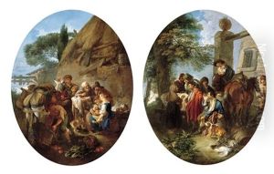 Peasants Eating And Drinking By A Cottage (+ A Hunting Party Resting In A Wooded Landscape; Pair)
