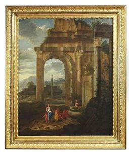 Arkadische Landschaft Mit Romischen Ruinen Und Figuren An Einem Brunnen
