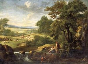 A Southern Landscape With Fishermen At The Edge Of A Brook, A Shepherd And Travellers Beyond by Andrea Locatelli