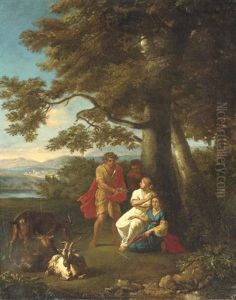 A Classical Landscape, Herdsman And Other Peasants With Mountains Beyond by Andrea Locatelli