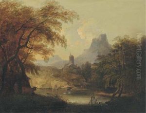 A Landscape With A Drover Crossing A Bridge (+ A Landscape With A Tower By A Lake; Pair)
