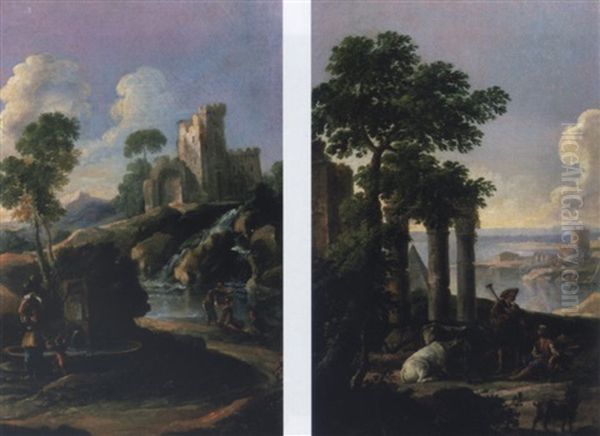 Landscape With Shepherds And Other Figures Near Ruins And A Fountain - view 1