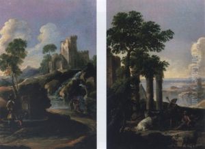 Landscape With Shepherds And Other Figures Near Ruins And A Fountain
