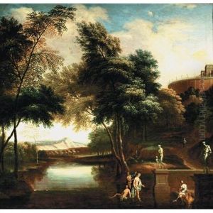 A Classical Landscape With Figures Bathing In The Foreground by Andrea Locatelli