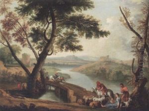 A Landscape In The Campagna With Shepherds And Their Livestock Crossing A Bridge by Andrea Locatelli