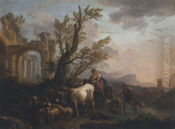 An Italianate River Landscape With A Peasant Family Travelling With Their Goats And Cattle - view 1