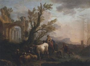 An Italianate River Landscape With A Peasant Family Travelling With Their Goats And Cattle by Andrea Locatelli