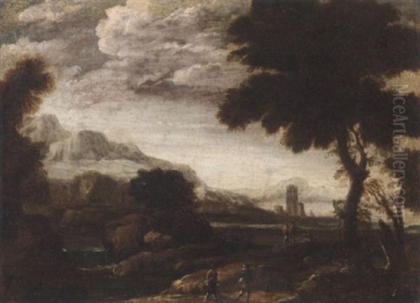 A Mountainous Landscape With Travellers On A Path, A Town Beyond - view 1