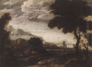 A Mountainous Landscape With Travellers On A Path, A Town Beyond by Andrea Locatelli